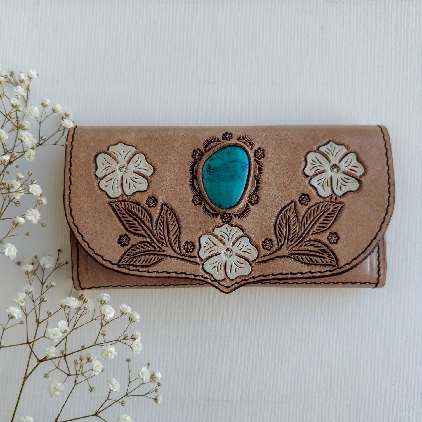 Desert Flower Leather Wallet with Turquoise - LIGHT TAN