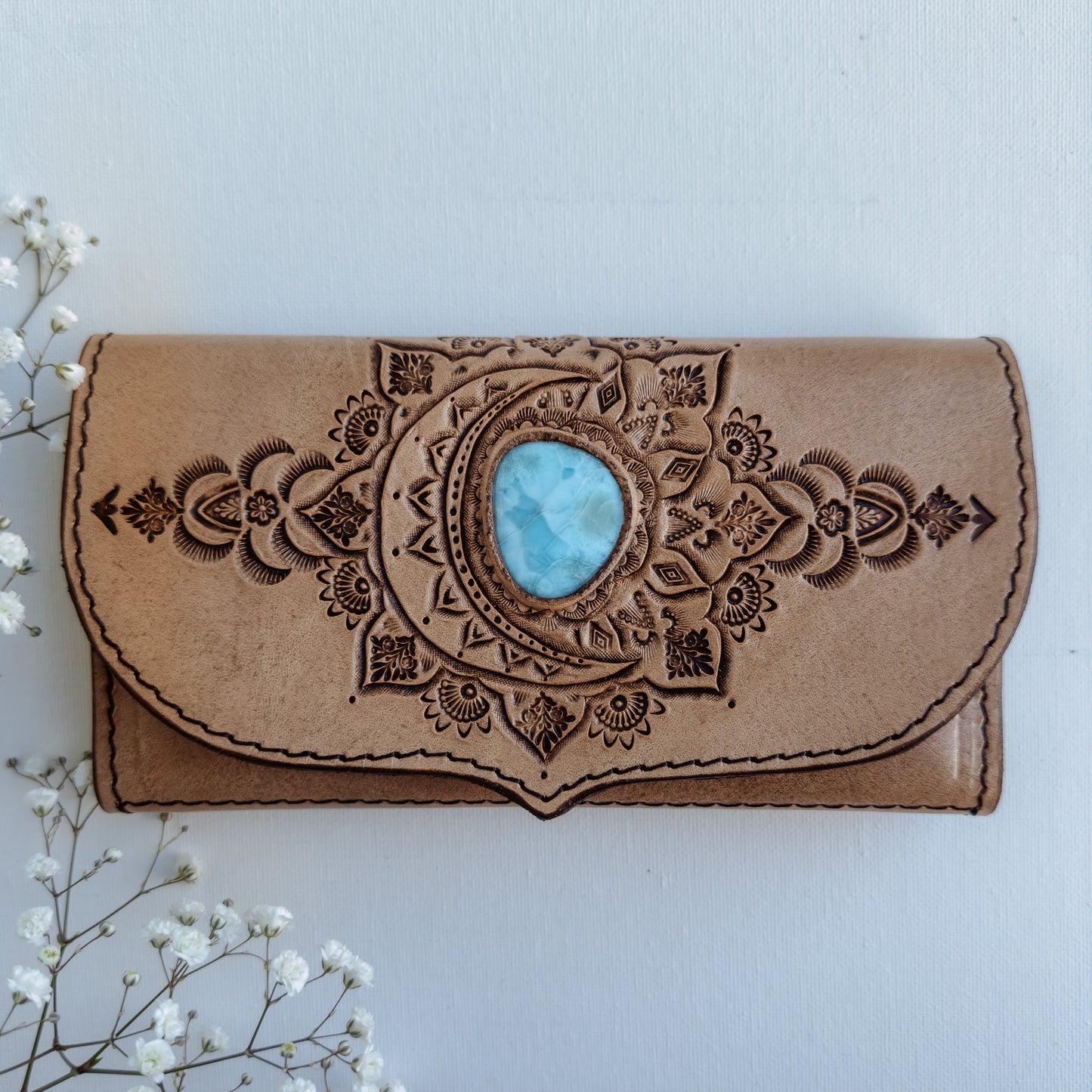 Moon Mandala Leather Wallet with Larimar - LIGHT TAN