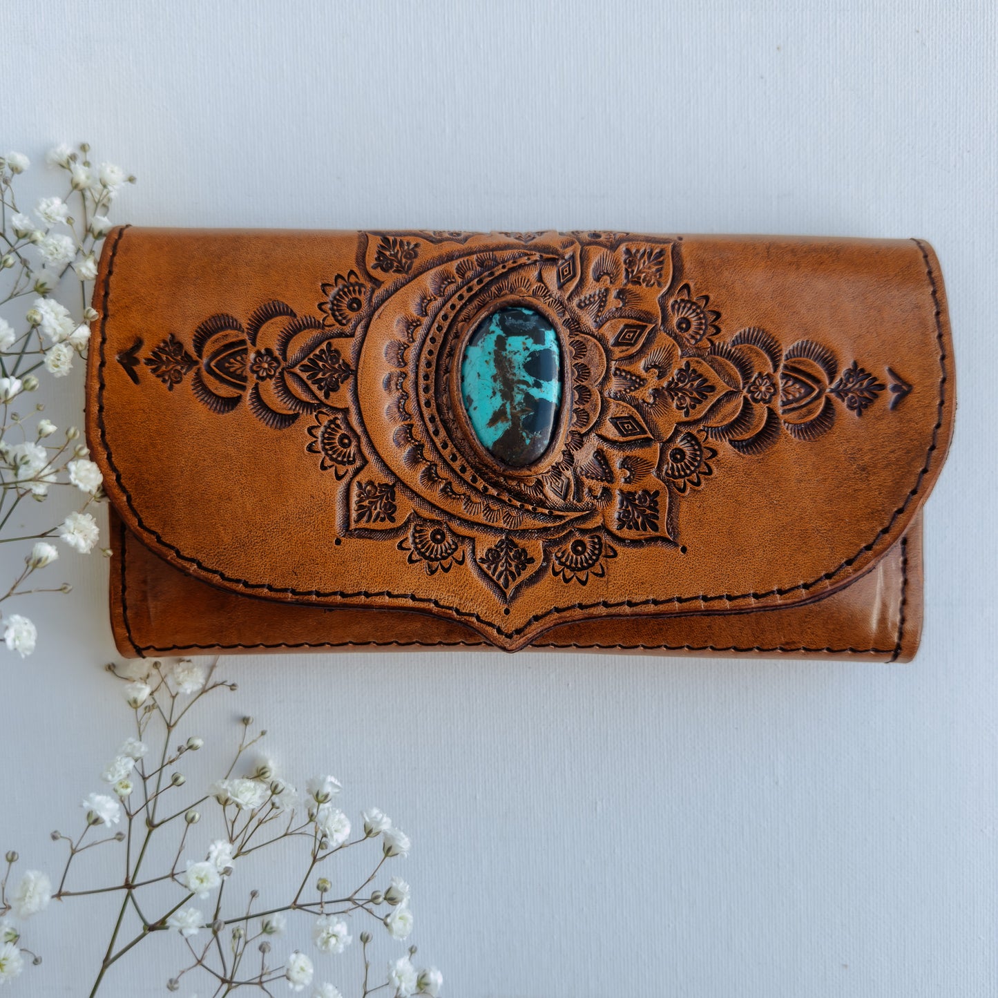 Moon Mandala Leather Wallet with Turquoise - TAN