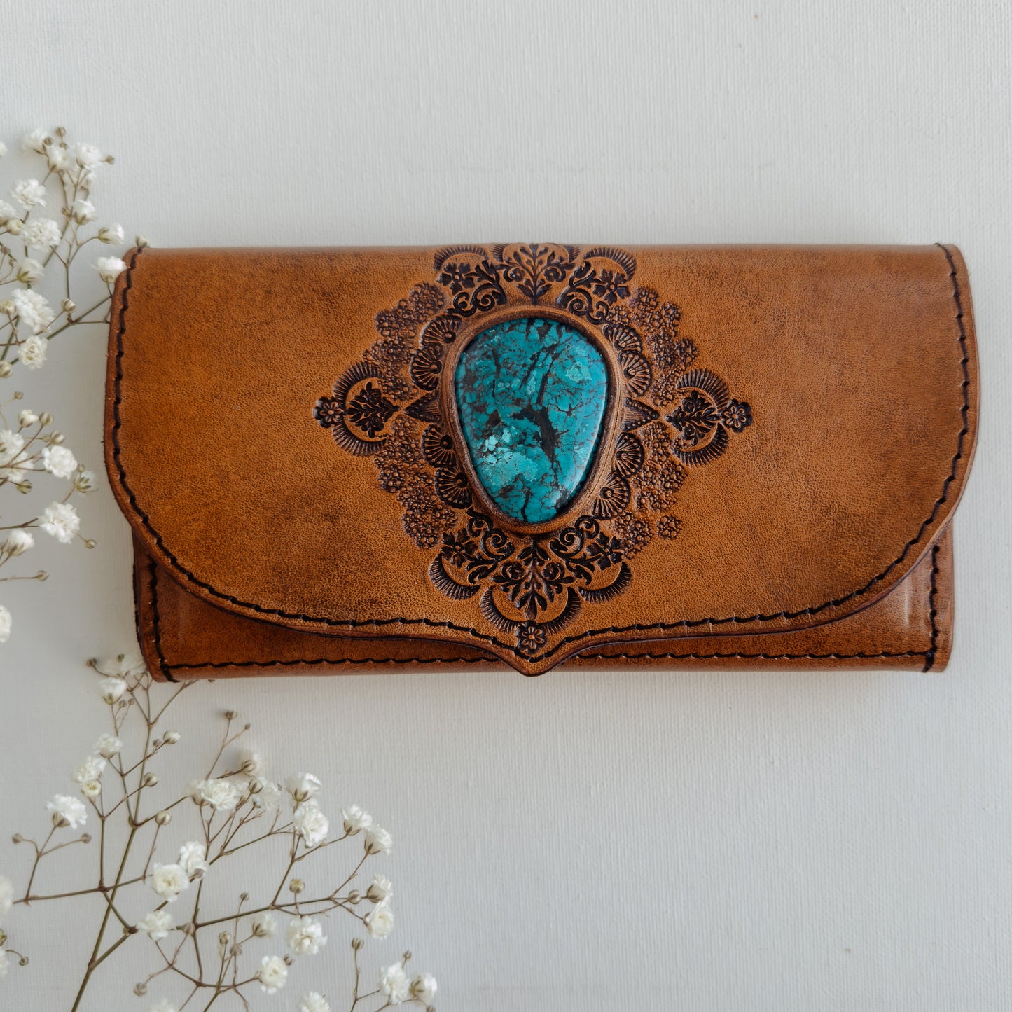 Esma Leather Wallet with Turquoise - TAN