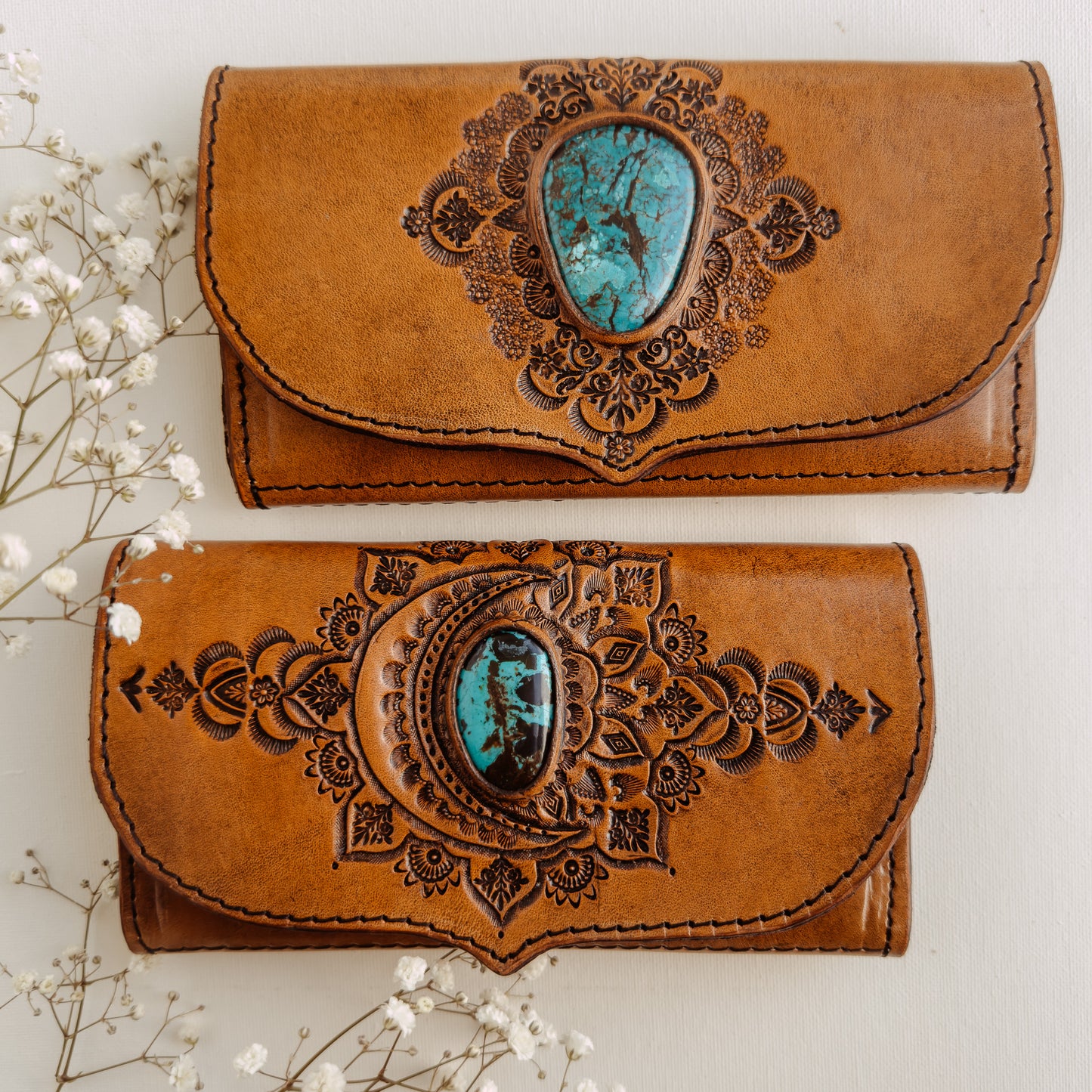 Esma Leather Wallet with Turquoise - TAN