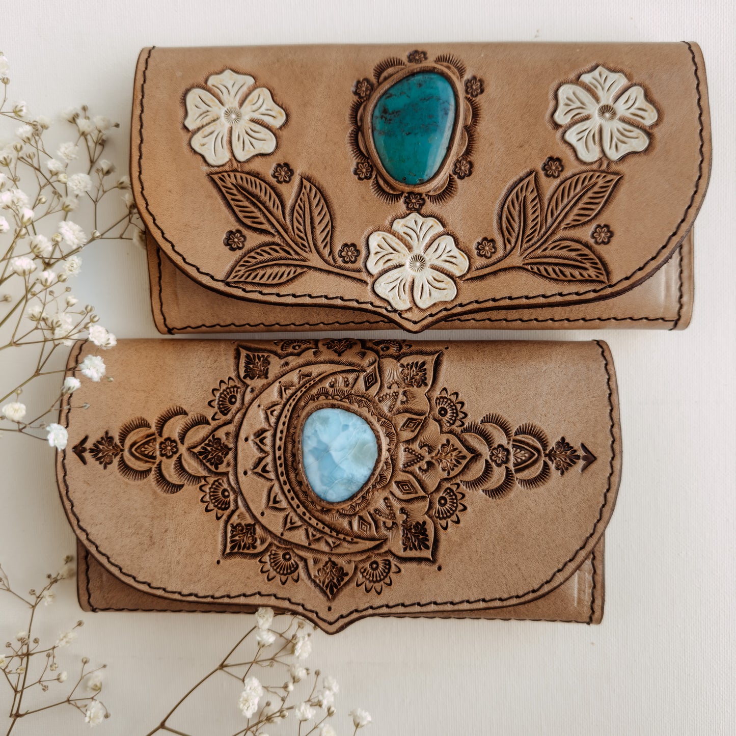 Desert Flower Leather Wallet with Turquoise - LIGHT TAN