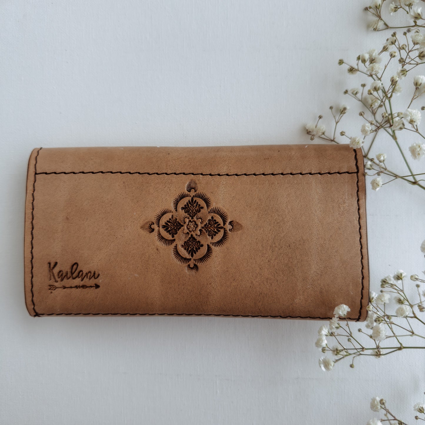 Desert Flower Leather Wallet with Turquoise - LIGHT TAN