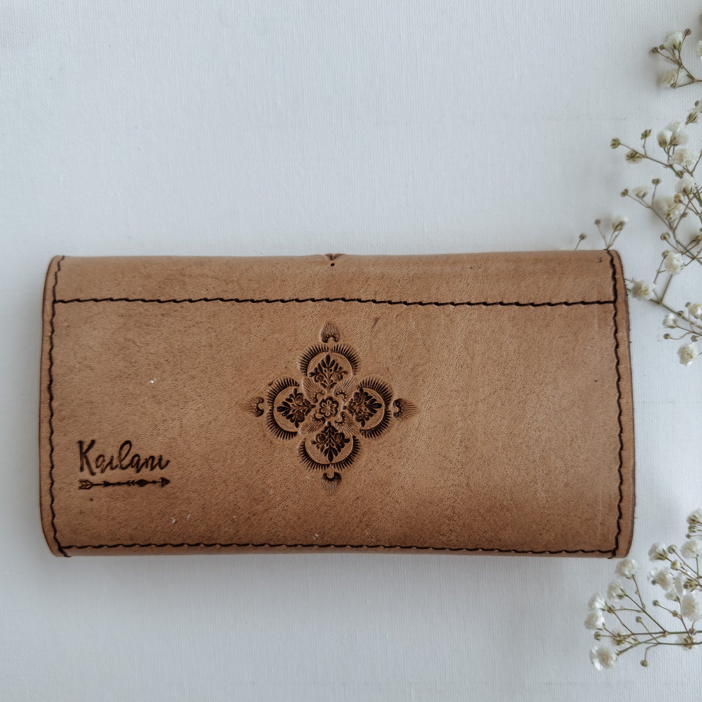 Moon Mandala Leather Wallet with Larimar - LIGHT TAN