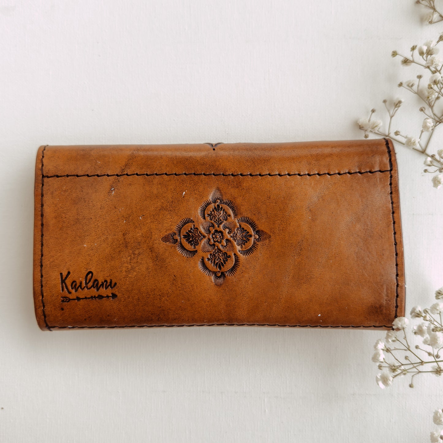 Moon Mandala Leather Wallet with Turquoise - TAN