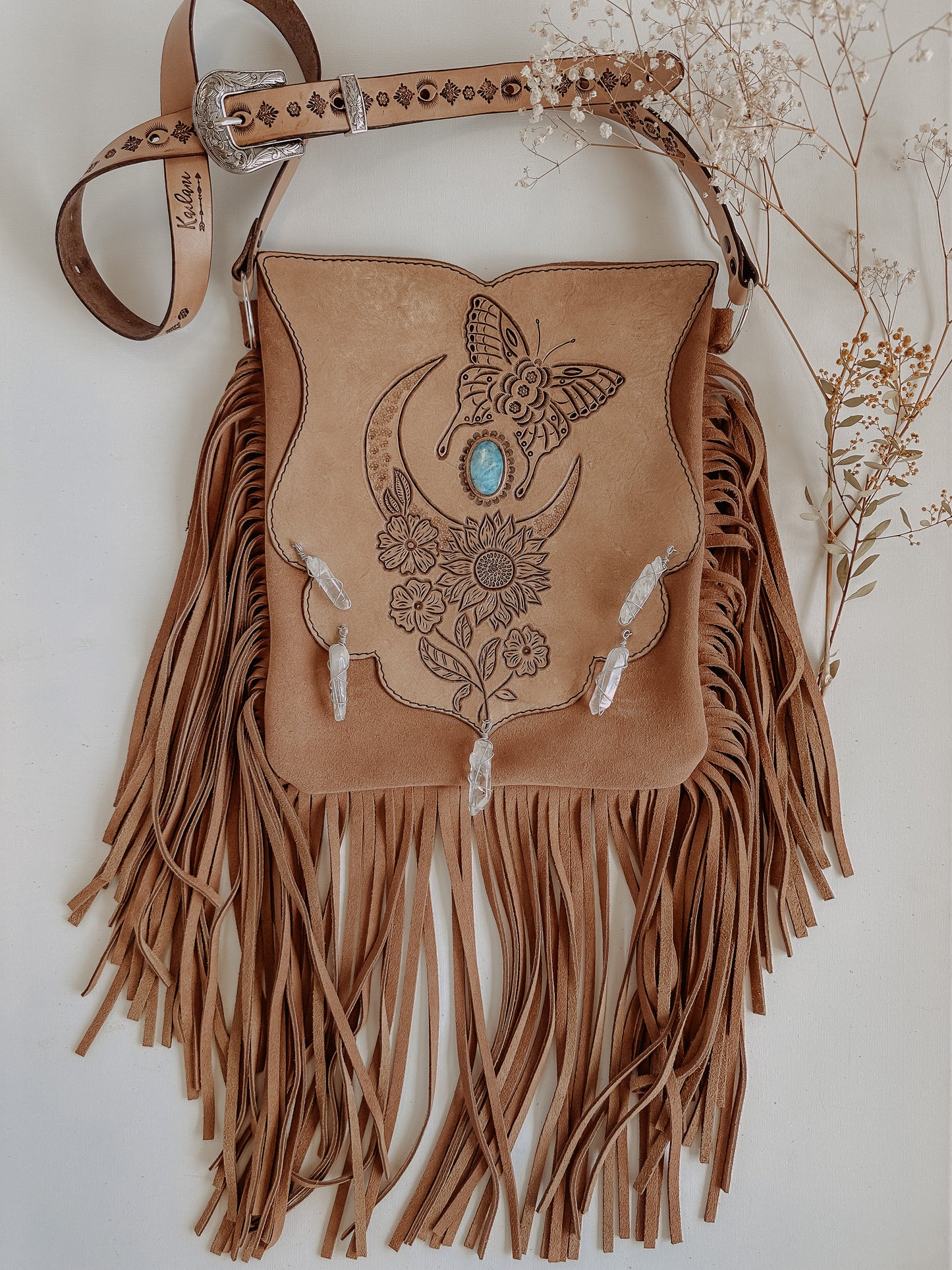 Indie Folk Bag: Moon, Butterflies & Larimar - Tan