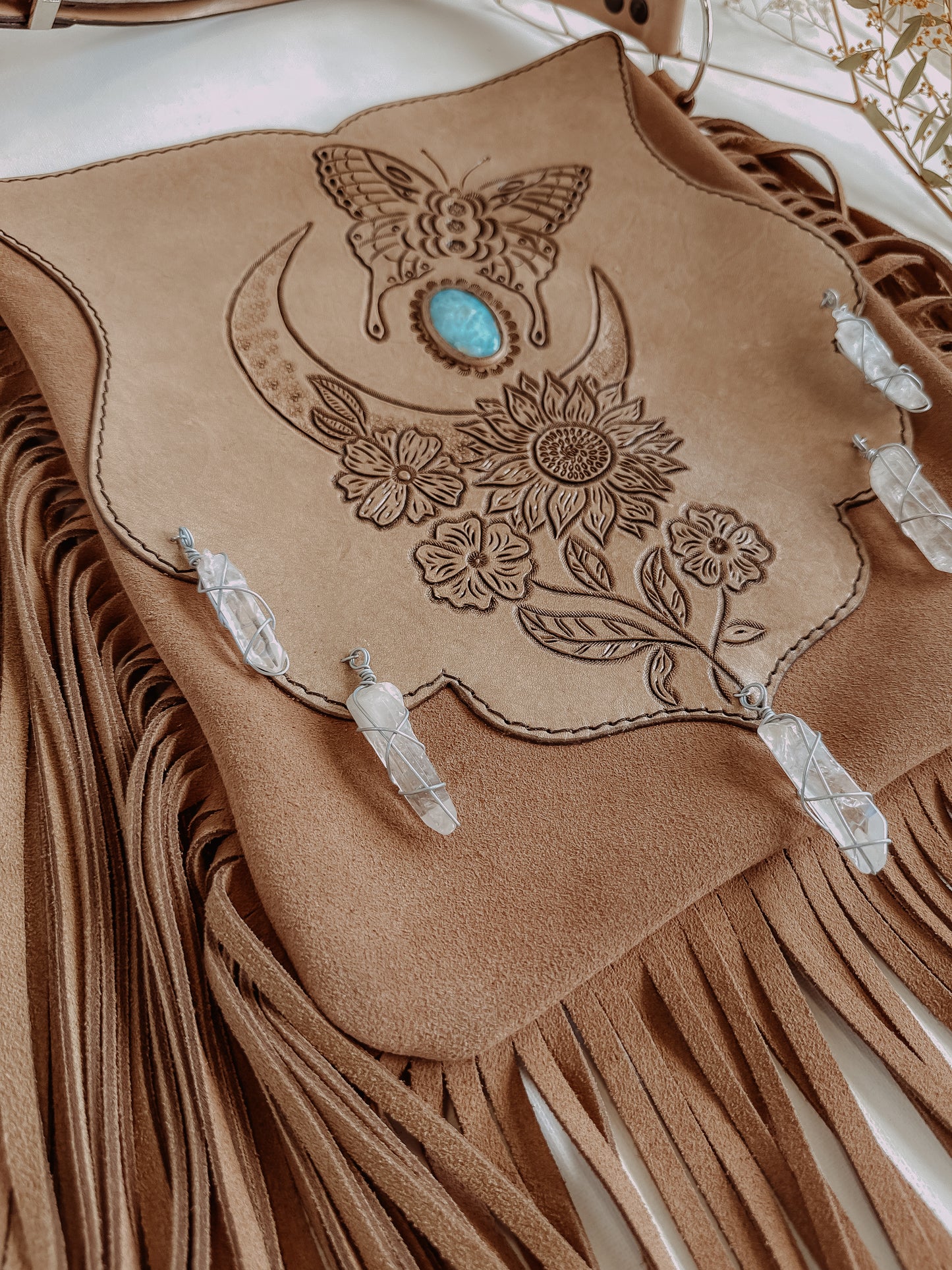 Indie Folk Bag: Moon, Butterflies & Larimar - Tan