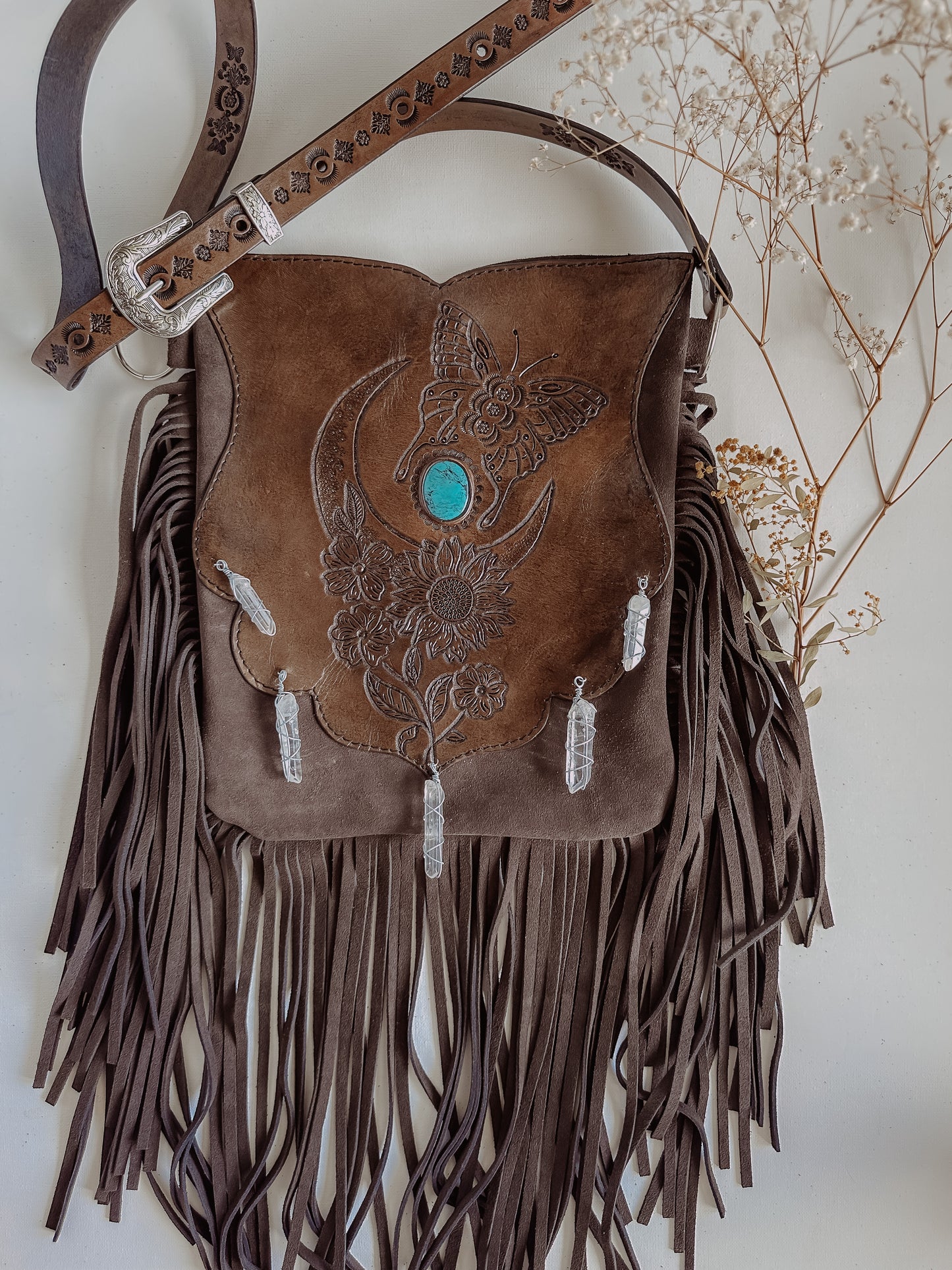 Indie Folk Bag: Moon, Butterflies & Turquoise - Brown