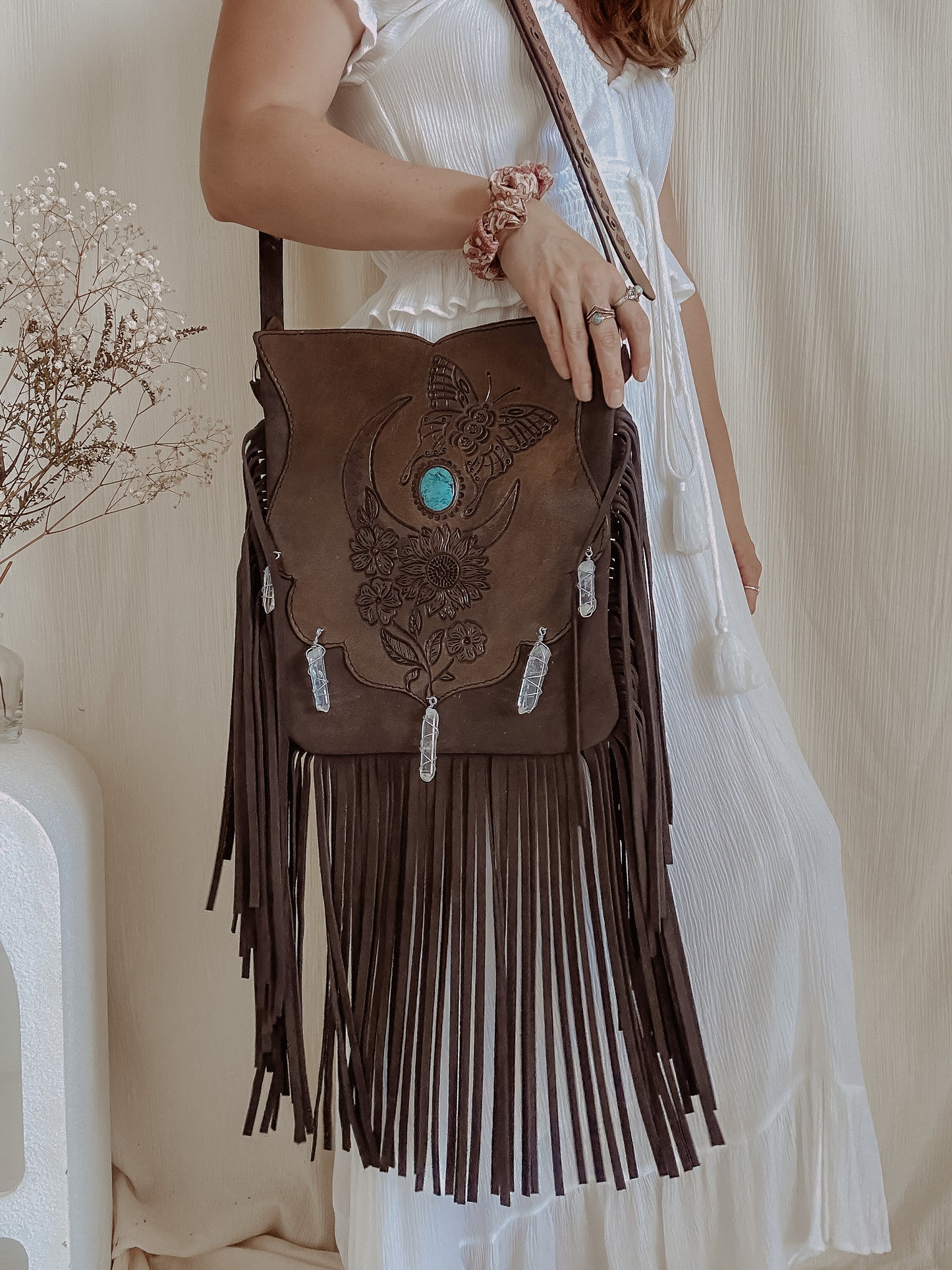 Indie Folk Bag: Moon, Butterflies & Turquoise - Brown