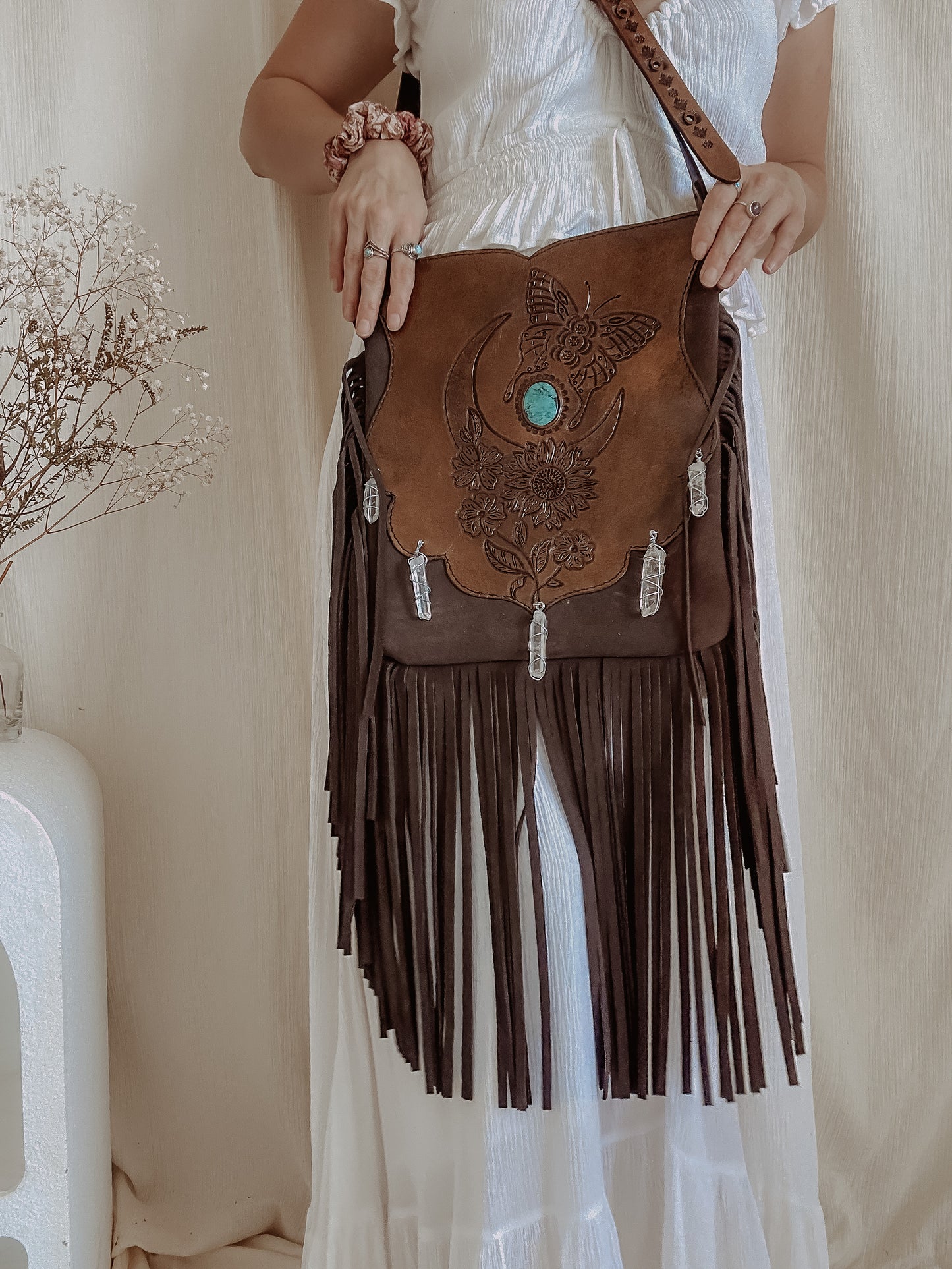 Indie Folk Bag: Moon, Butterflies & Turquoise - Brown