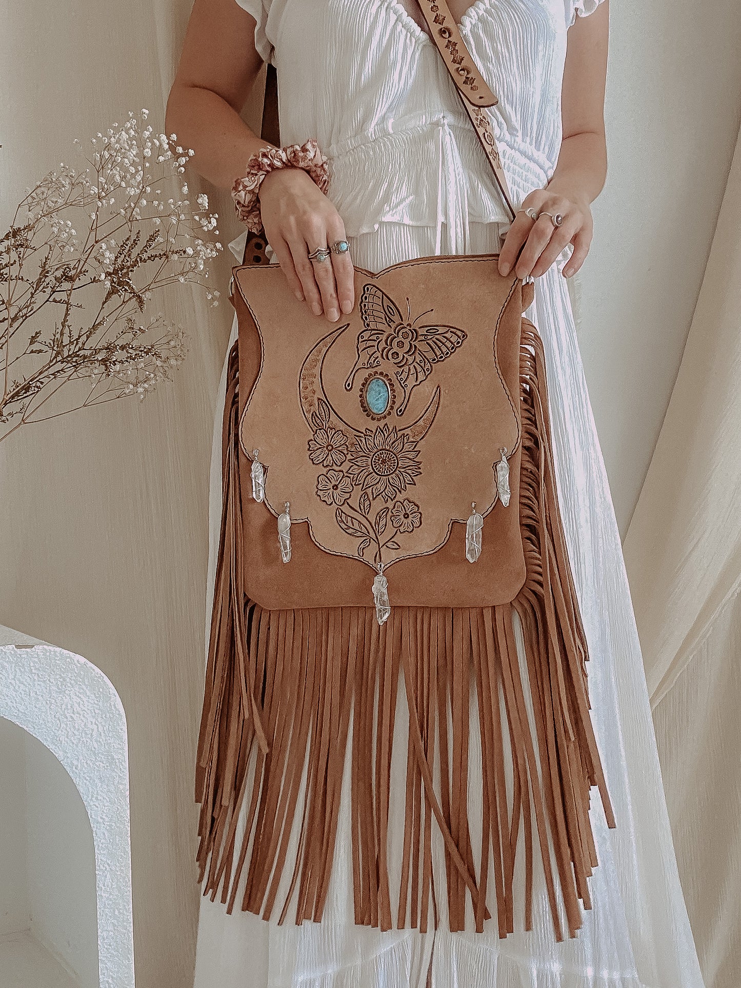 Indie Folk Bag: Moon, Butterflies & Larimar - Tan