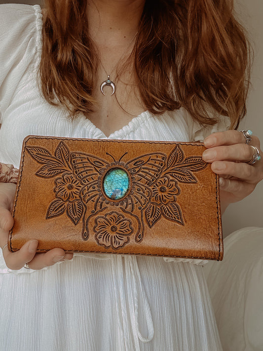 Butterfly Leather Wallet with Labradorite - MED TAN