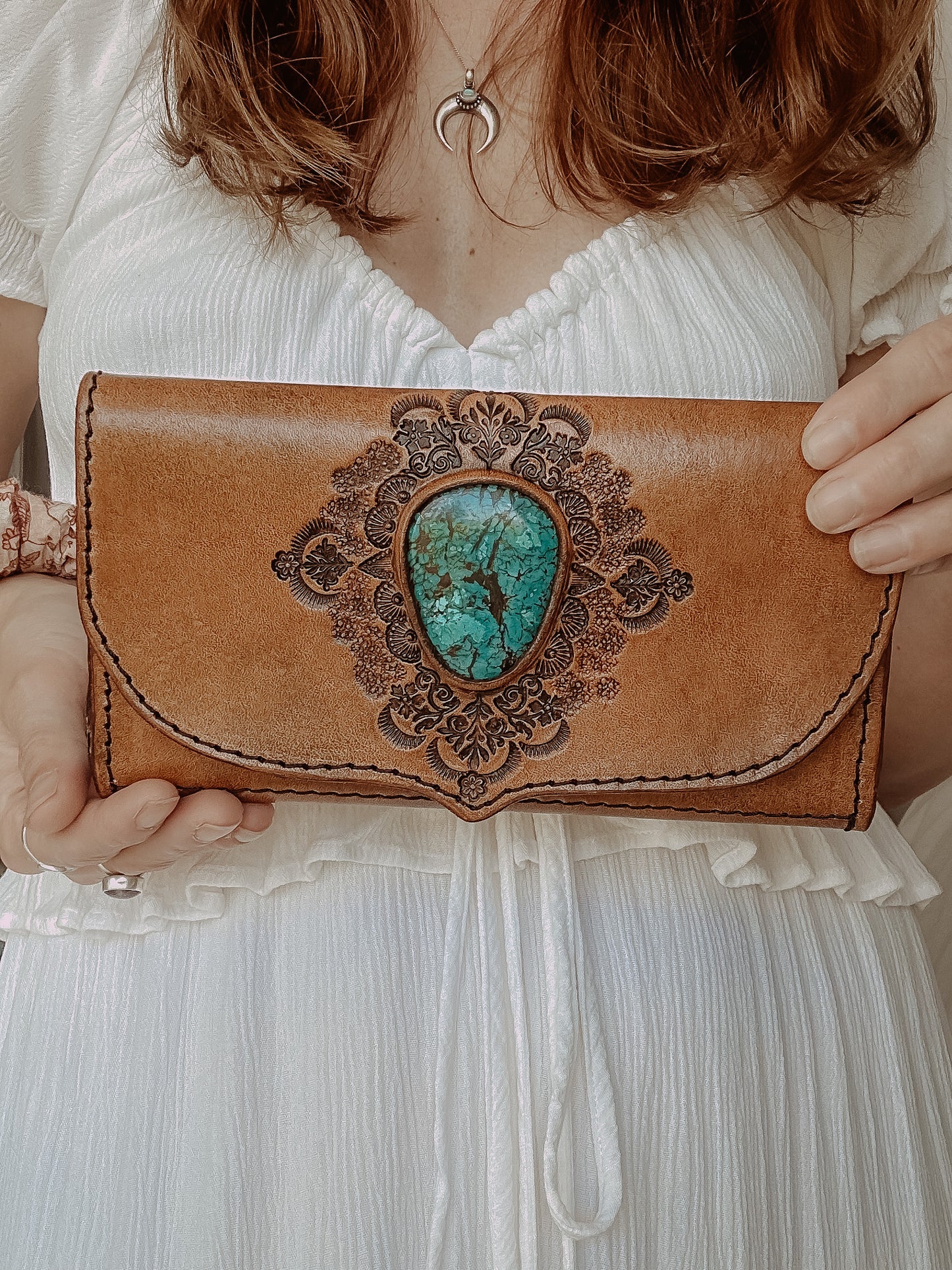 Esma Leather Wallet with Turquoise - TAN