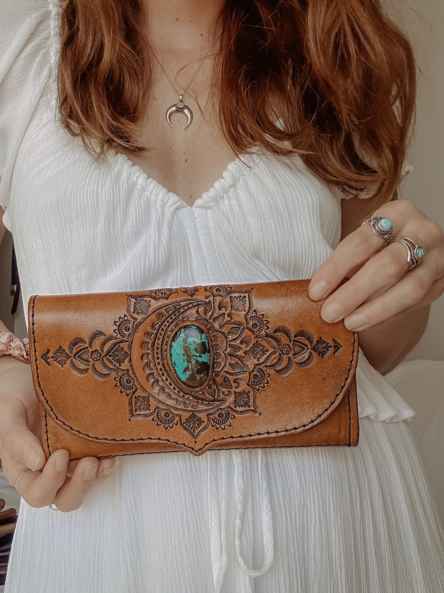 Moon Mandala Leather Wallet with Turquoise - TAN