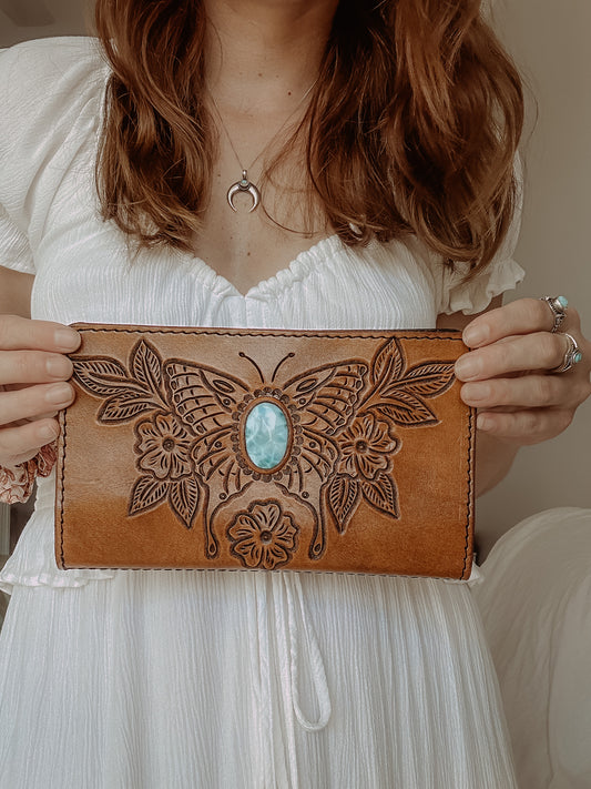 Butterfly Leather Wallet with Larimar - MED TAN